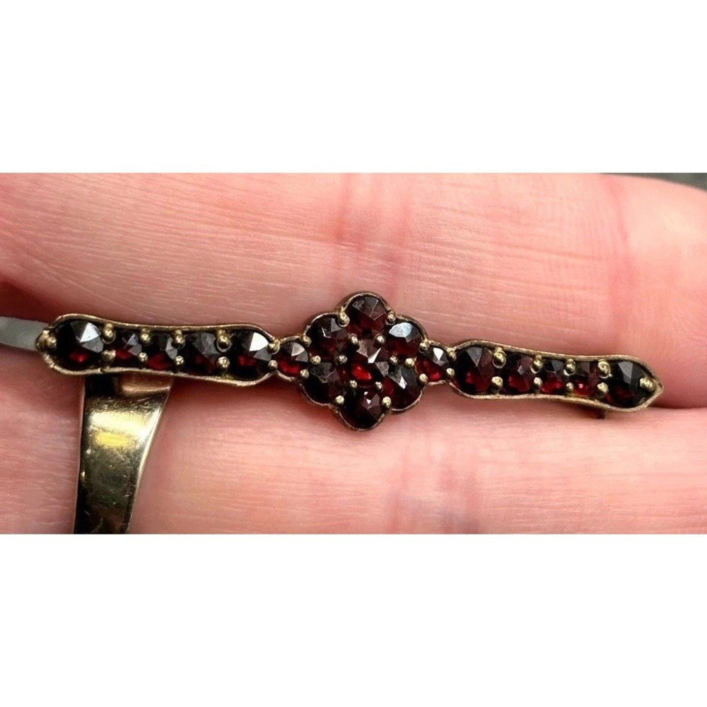 Vintage Bohemian Garnet Vermeil 900 Silver Bar Brooch Rose Cut Victorian Antique